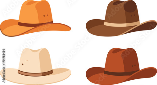 Cowboy hat icon set featuring western style hats in warm brown and beige tones for country fashion, rodeo themes, and rustic design projects