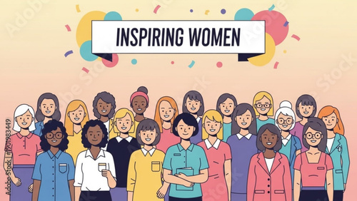 Diverse group of inspiring women standing together in unity and solidarity with colorful confetti