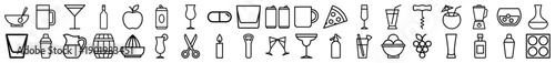 Beverage and bar line icon set. Vector pictograms of cocktails, bottles, glassware, shaker, opener, fruit, barrel, and party accessories, thin outline illustration.