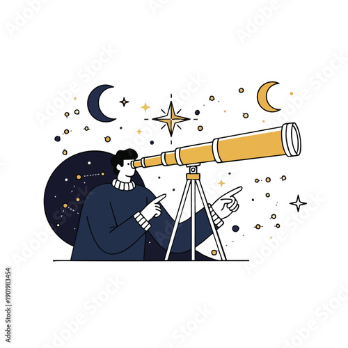 Man observing celestial bodies through a telescope at night.