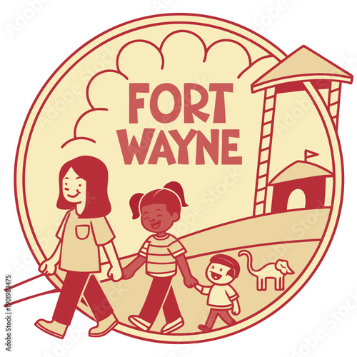Family Walking at Fort Wayne Park and Zoo Illustration