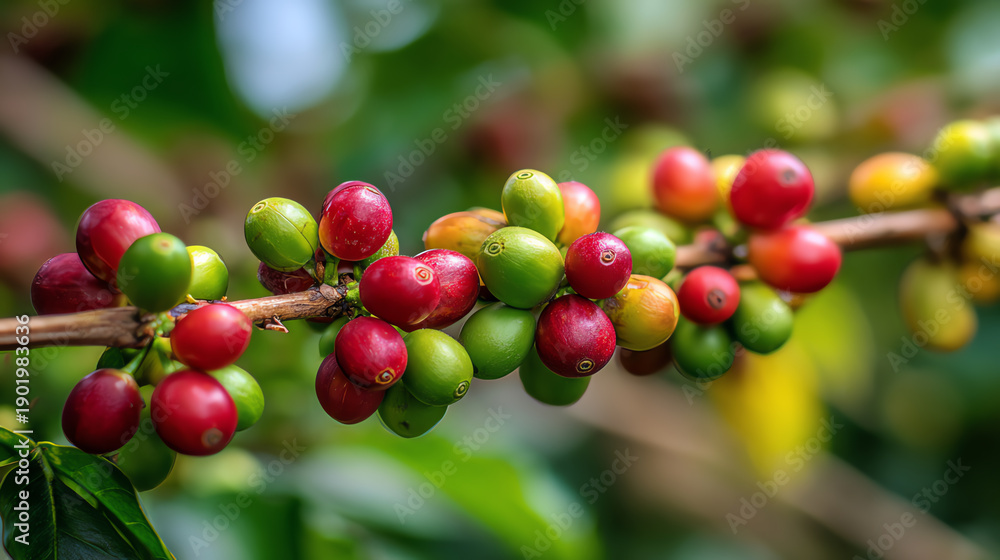 Obraz premium Close-up of vibrant coffee cherries on a branch, showcasing rich colors and natural beauty among lush greenery.