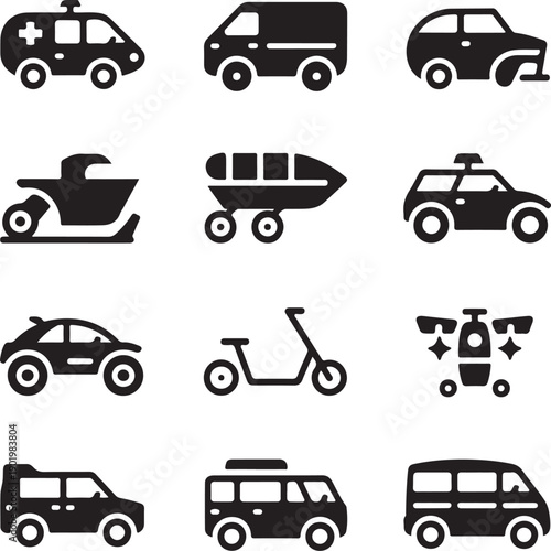 black and white icons of various vehicles on white background