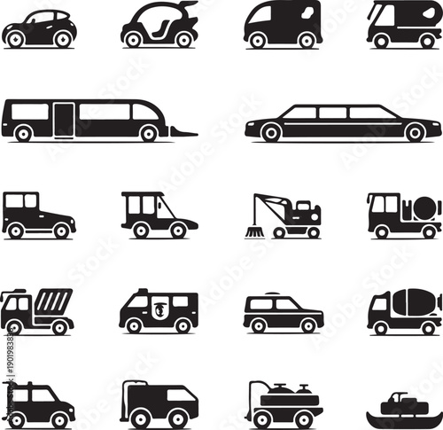 black and white icons of various vehicles on white background