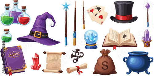 Cute magic and wizard icon set featuring potions, spell books, wands, crystals, cauldron, cards, and fantasy objects for games, fantasy art, and design projects