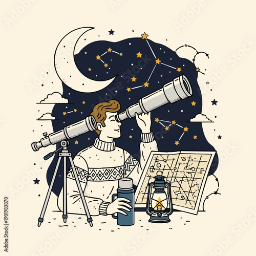 Man observing celestial bodies with a telescope under a starry night sky.