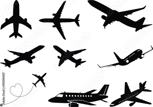 Icon service spoilers vector collection airport radar glider airplane plane variant shape.Collection of black hand-drawn travel and aviation icons in a rough silhouette style, including an airplane