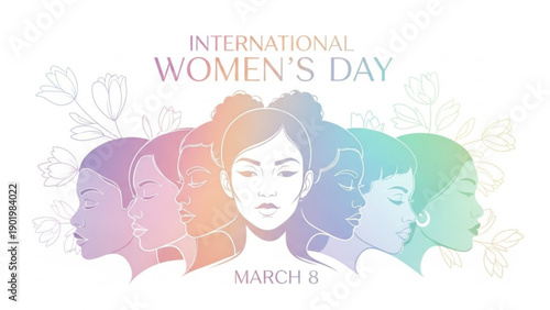 International women's day poster with diverse women faces in rainbow colors march 8th celebration