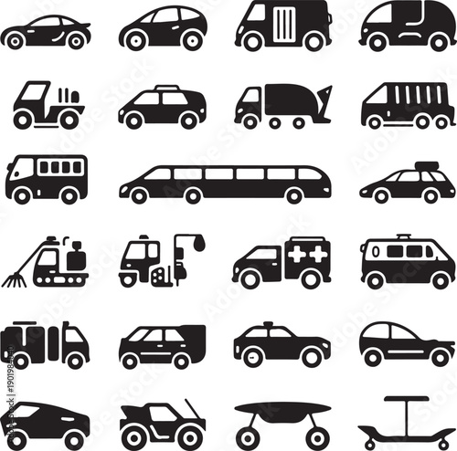 black and white icons of various vehicles on white background