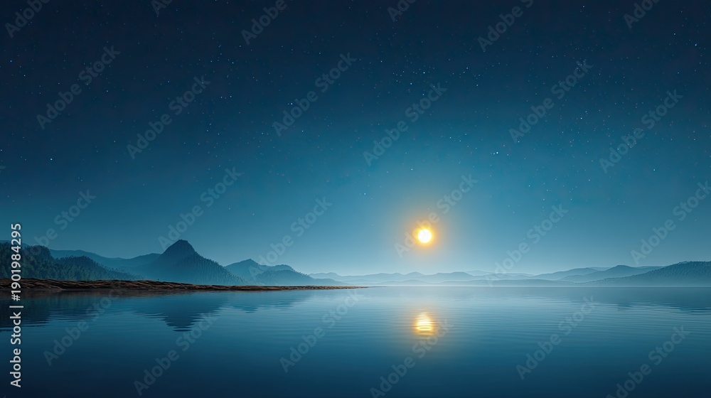 Fototapeta premium Tranquil Night Landscape with Moonlight Reflecting on Calm Water Surface and Silhouette of Mountains Under Starry Sky at Dusk