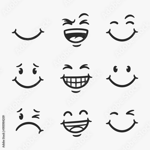 A set of cartoon faces with big smiles on them