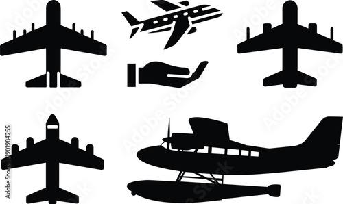 Icon service spoilers vector collection airport radar glider airplane plane variant shape.Collection of black hand-drawn travel and aviation icons in a rough silhouette style, including an airplane