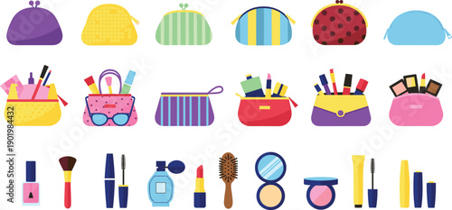 Cute colorful cosmetic bag and makeup icon set featuring beauty tools, brushes, lipstick, perfume, and accessories for fashion, skincare, and cosmetic design projects