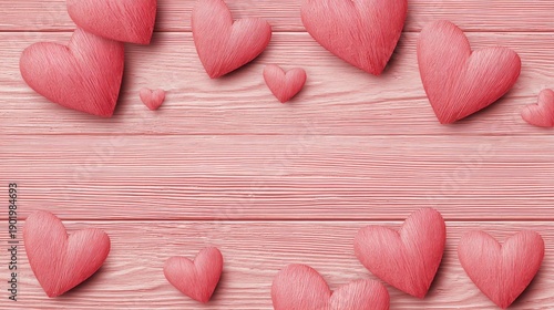 Pink Decorative Hearts Arranged on a Wooden Background for Romantic and Love Themes in Celebrations and Artistic Expressions