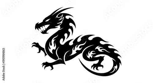 Black silhouette of a dragon with flames and sharp claws.