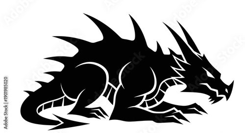 Black silhouette of a dragon with spiky back and sharp claws.