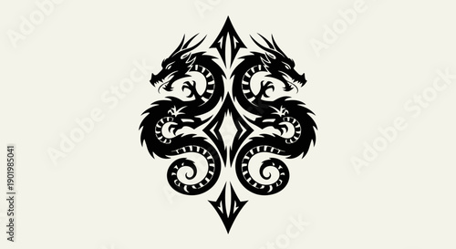 Symmetrical black tribal dragon design with floral elements.