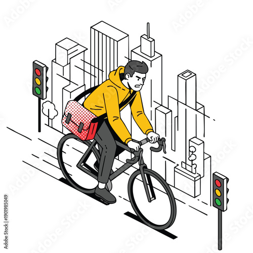 Man riding bicycle with messenger bag in urban setting.