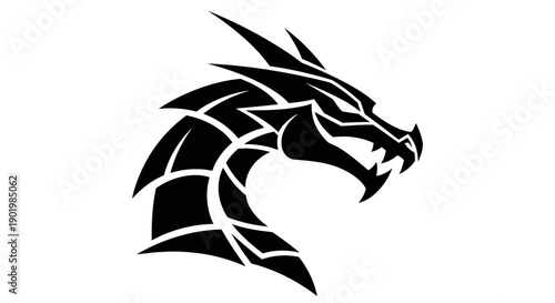 Black and white dragon head illustration with sharp teeth and spiky scales.