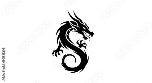 Black dragon silhouette illustration on white background.