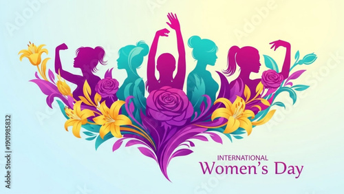 International women's day celebration with diverse women silhouettes and flowers