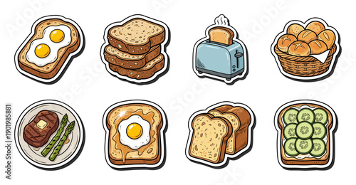 Breakfast Food Sticker Set, Hand Drawn Toast and Bread Vector