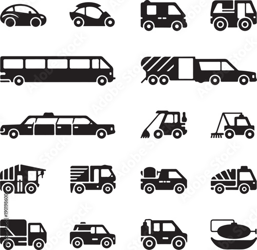black and white vehicles icons set with bus truck car and construction vehicles