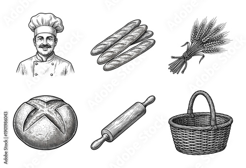 Vintage bakery collection featuring a chef portrait, rustic bread loaves, wheat stalks, rolling pin, and woven basket in a hand-drawn woodcut engraving style.