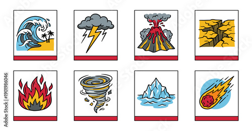 Minimalist Natural Disaster Icon Poster Set for Emergency Preparedness and Environmental Awareness