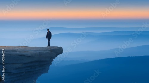 A lone figure stands at the brink of a rocky ledge, gazing into the endless twilight sky