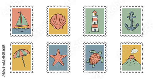 Retro Tropical Nautical Hand-Drawn Postage Stamp Set for Summer Travel Scrapbooking and Stationery