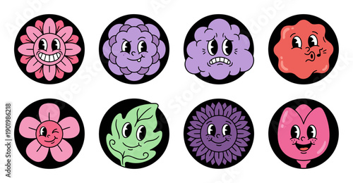 Retro Flower Stickers with Cute Cartoon Character Faces