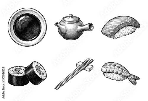 Set of Japanese cuisine illustrations featuring sushi rolls, nigiri, and tea ceremony elements in a vintage engraved woodcut style.