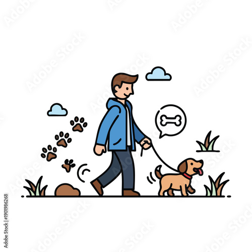 Man walking his small dog on a leash outdoors enjoying a leisurely stroll together.