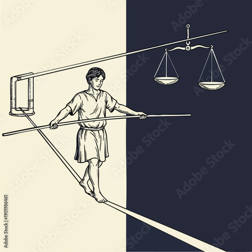 Man walking tightrope with balancing pole.