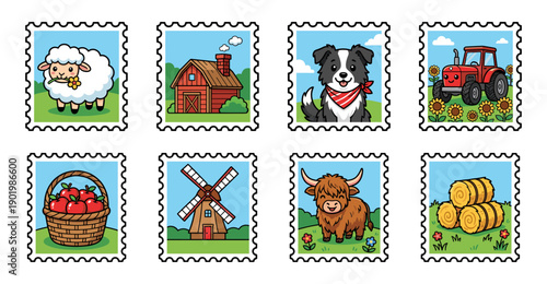 Flat Cartoon Farm Animal and Countryside Life Postage Stamp Collection for Rural Agriculture Branding
