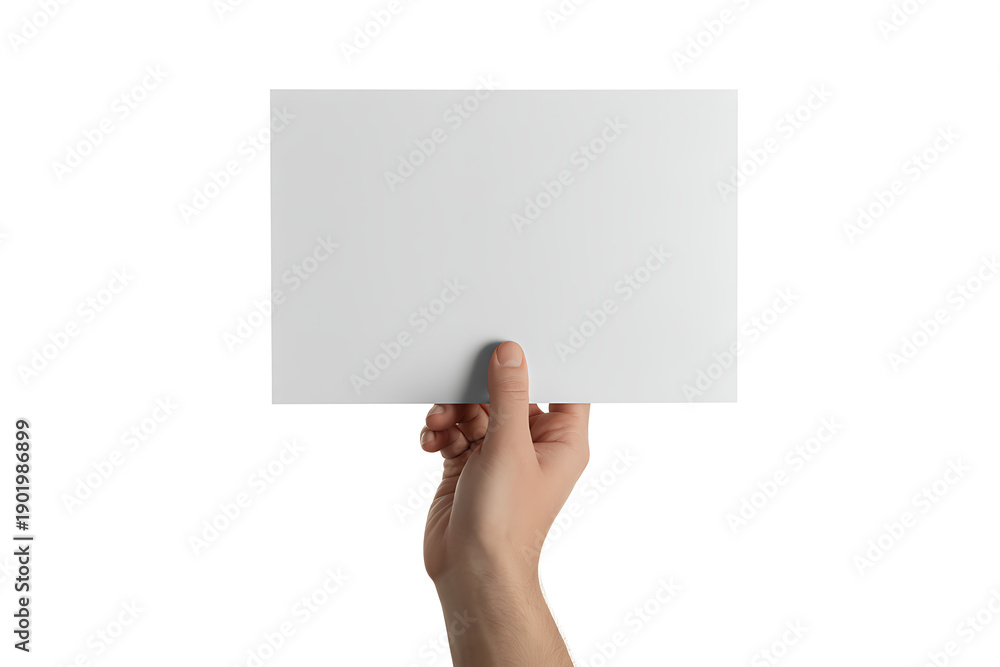 Obraz premium Hand holding a blank white paper card for text or design, isolated on white, concept for communication or presentation