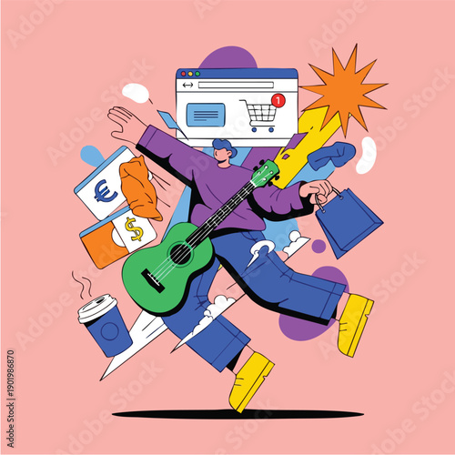 Man with guitar and shopping bags surrounded by various consumer items and an online shopping interface.