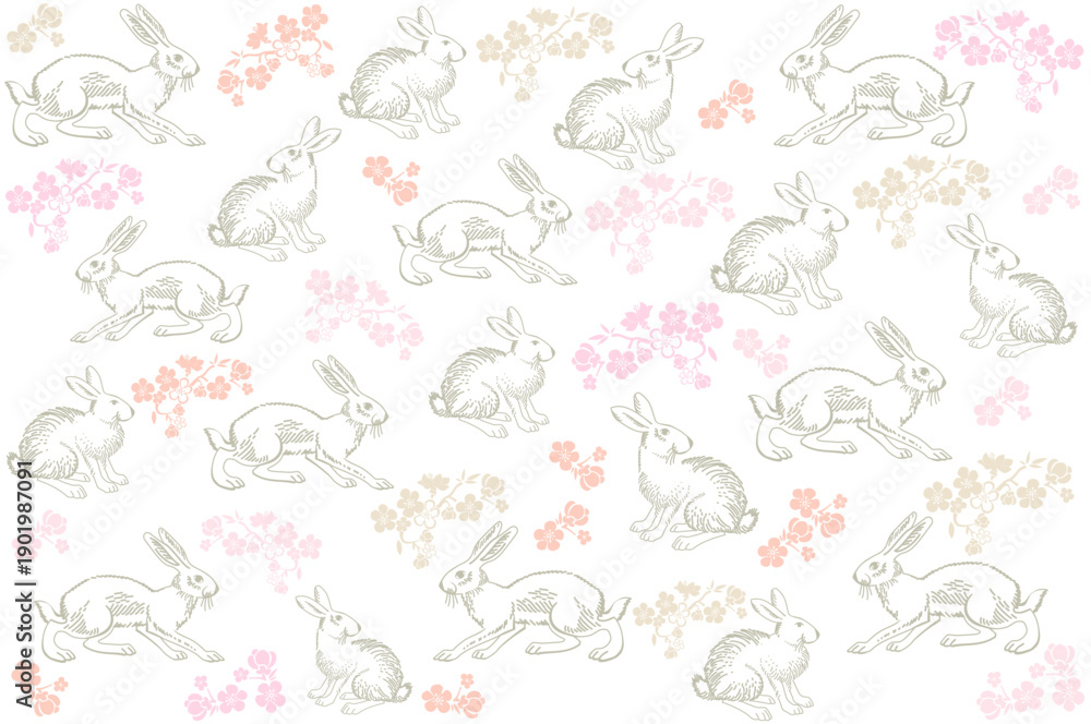 Fototapeta premium Easter Seamless vintage pattern with ink hand drawn hare illustrations. Perfect for textile, wallpaper or print design, greetings card, flyers, invitation, wrapping paper, website wallpapers. Vector