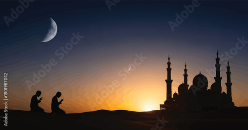 Ramadan nighttime scene with mosque and crescent moon