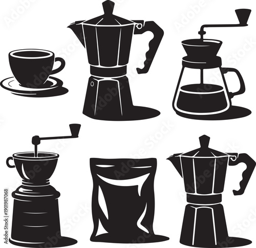 black silhouettes of coffee makers and cups on white background