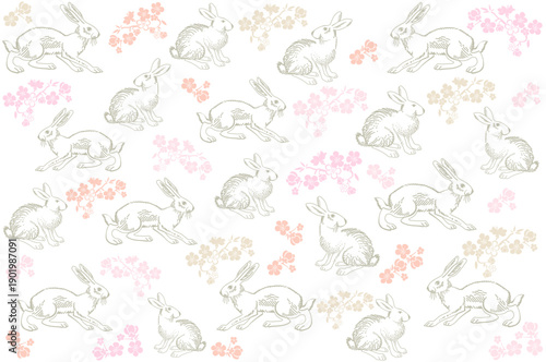 Tableau sur toile Easter Seamless vintage pattern with ink hand drawn hare illustrations