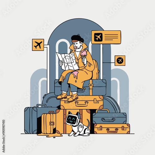 Man with robot dog sitting on luggage at airport looking at map.