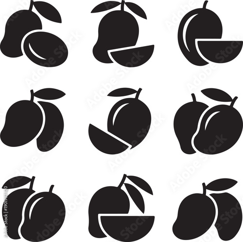 Black silhouettes of peaches with leaves