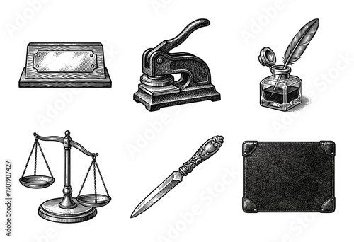 Set of vintage law and office objects in woodcut engraving style featuring scales of justice, inkwell, embosser, and nameplate.