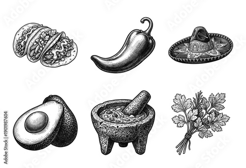 Mexican cuisine illustration set featuring hand drawn engraving style tacos chili pepper sombrero avocado molcajete and cilantro herbs