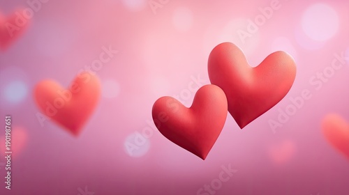 Floating Red Hearts on a Soft Pink Background with Bokeh Effect for Romantic and Love-Themed Designs and Illustrations