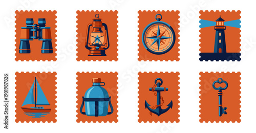 Flat Vector Nautical Adventure Postage Stamp Set for Maritime Travel and Outdoor Exploration Branding