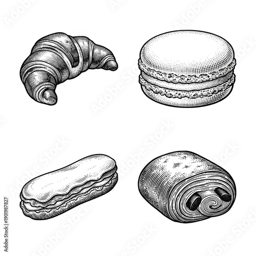 Set of hand drawn French pastry illustrations featuring a croissant, macaron, éclair, and pain au chocolat in a detailed vintage woodcut engraving style.