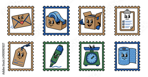 Retro Rubber Hose Style Mailing and Shipping Postage Stamp Collection for Small Business Logistics